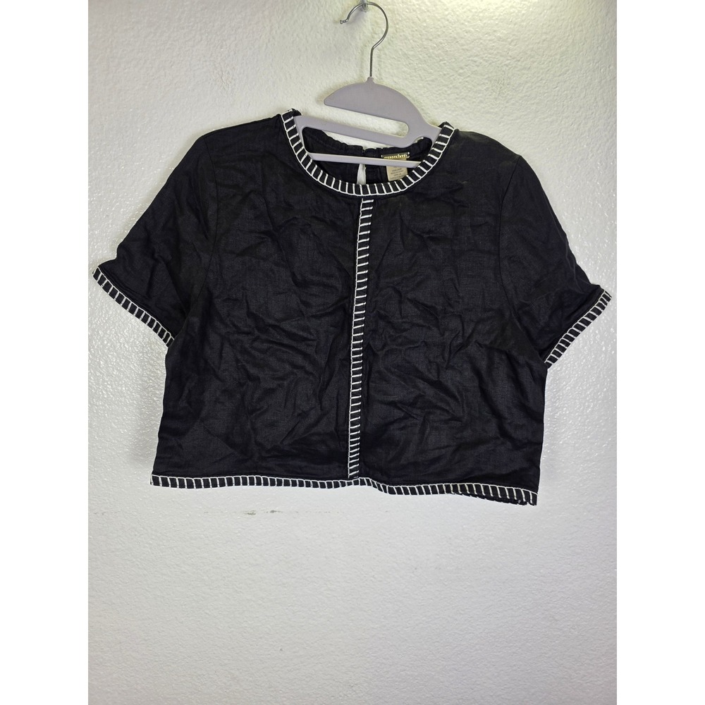 Magaschoni Black Linen Blanket Stitch Crop Top Blouse‎ Women's Small